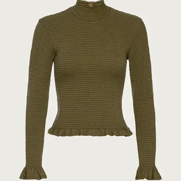 NATION LTD Yael Smocked High Ruffle Neck Top Ozark Green Pima Cotton Cutout Back - Picture 7 of 16